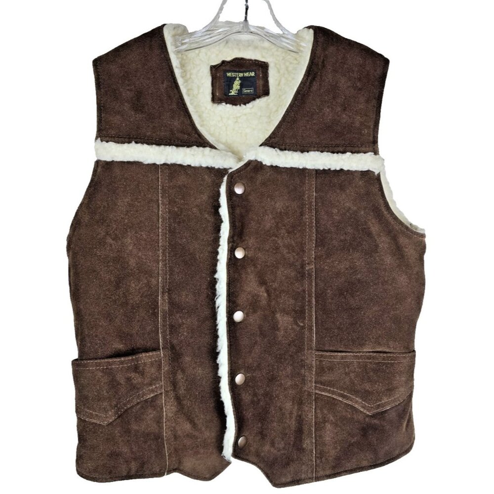 Vtg Sears Western Wear Suede Split Cowhide Shearling Vest Brown Faux Fur‎ Lined